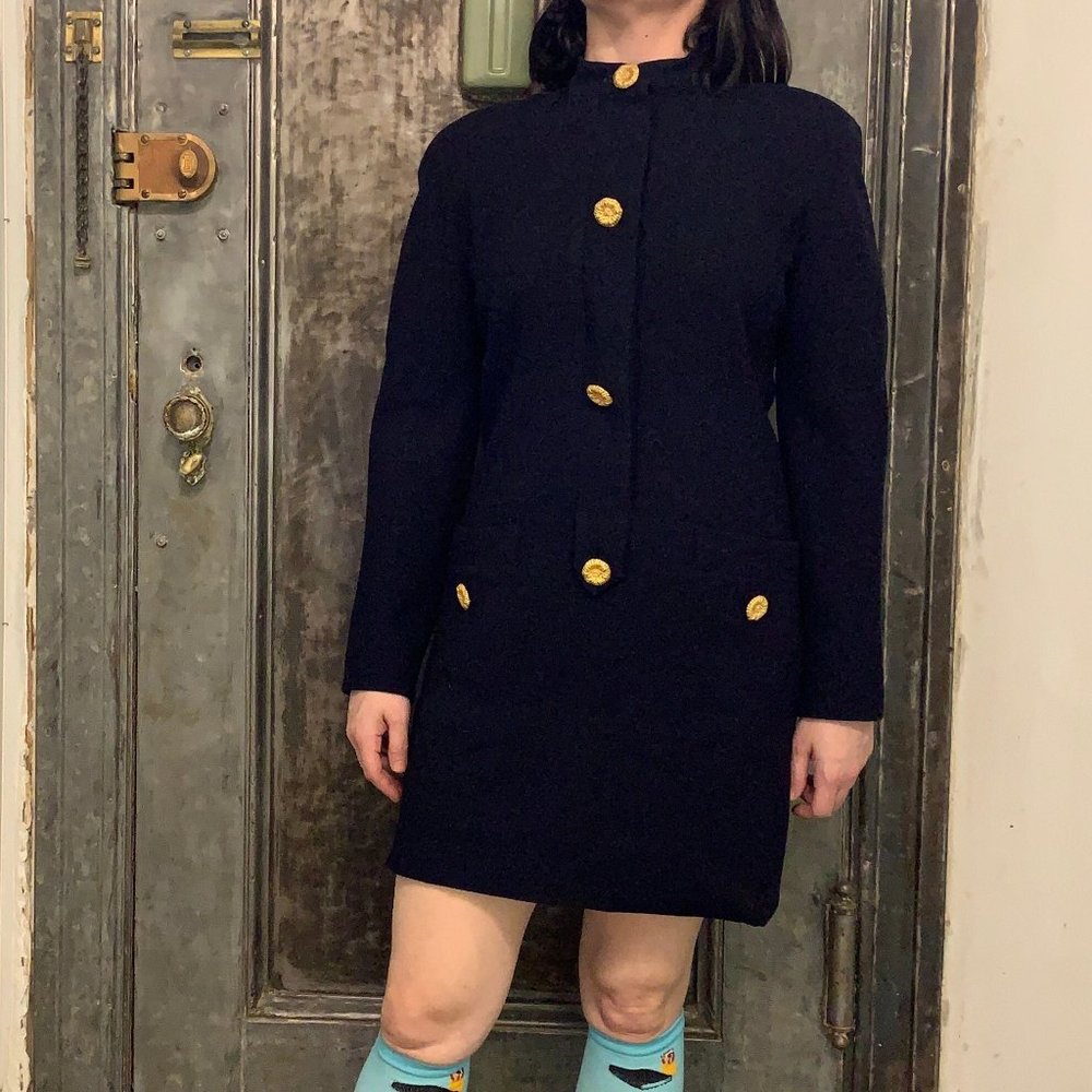Vintage 1980s Anne Klein black preppy nautical mod long sleeve mini dress Glamor